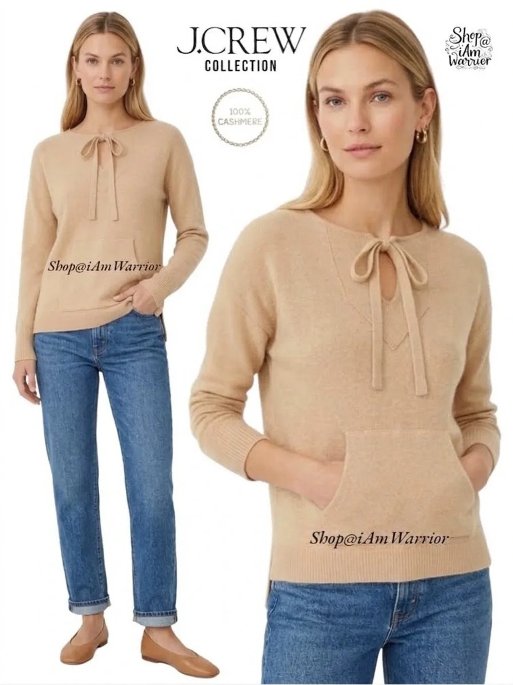 J.Crew Collection 100% Cashmere Tie Neck Kangaroo Pocket Sweater shop@iamwarrior
